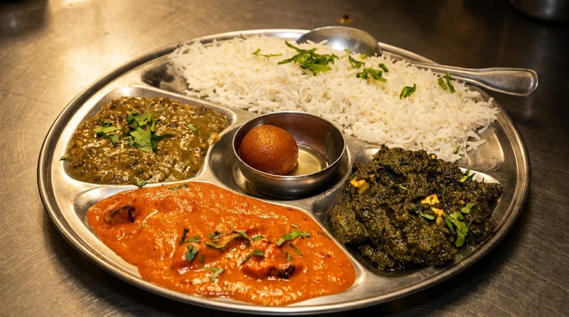 A metal thali plate with rice, dal, butter chicken, saag paneer, and a gulab jamun.