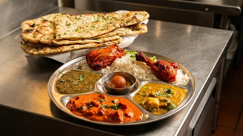 Indian thali platter with chicken, rice, various curries, gulab jamun, and naan bread.